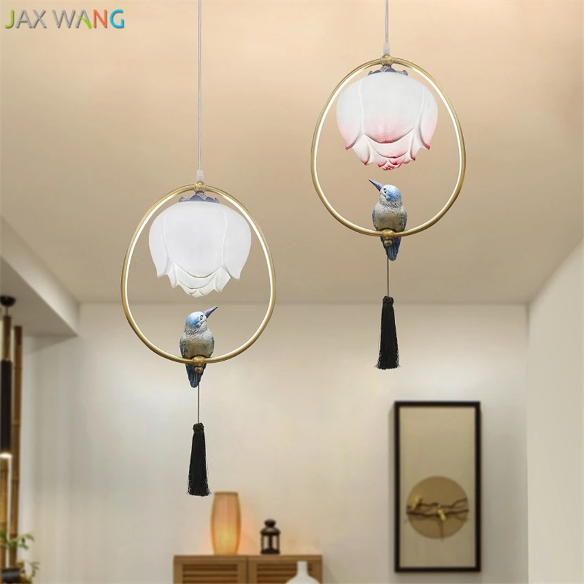 

Modern New Chinese Lotus Pendant Lights Restaurant Table Bar Balcony Aisle Small Garden Bird Decorative Hanging Lamps Fixture