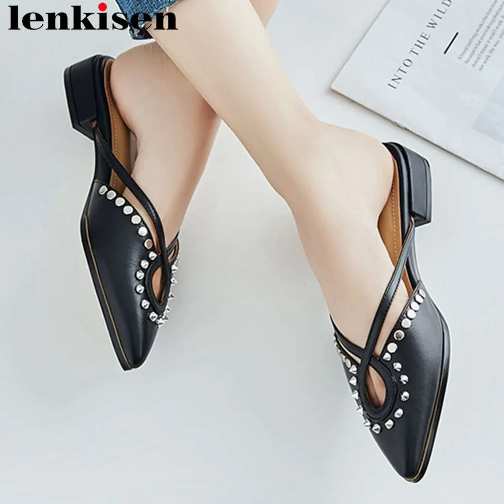 

Lenkisen new arrival full grian leather slip on rivets decoration pointed toe mules low heels concise style slingback pumps L77
