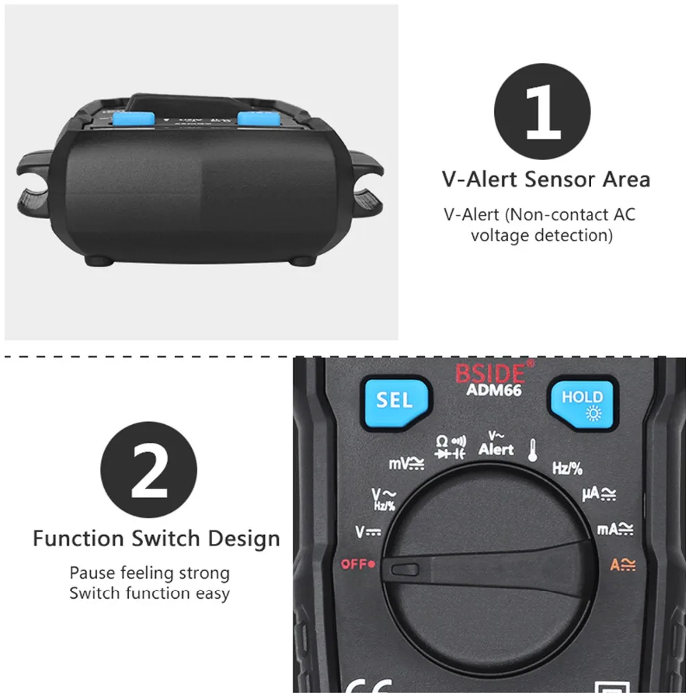 Kopen Mini Digitale Multimeter Bside ADM66 62 Auto Range True Rms Dmm Dc Ac Spanning Stroom Temperatuur Capaciteit Diode Ohm tester