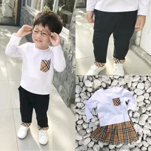 

2018 autumn new wave brand with the same lattice pocket long-sleeved T-shirt girls skirt children's trousers suit