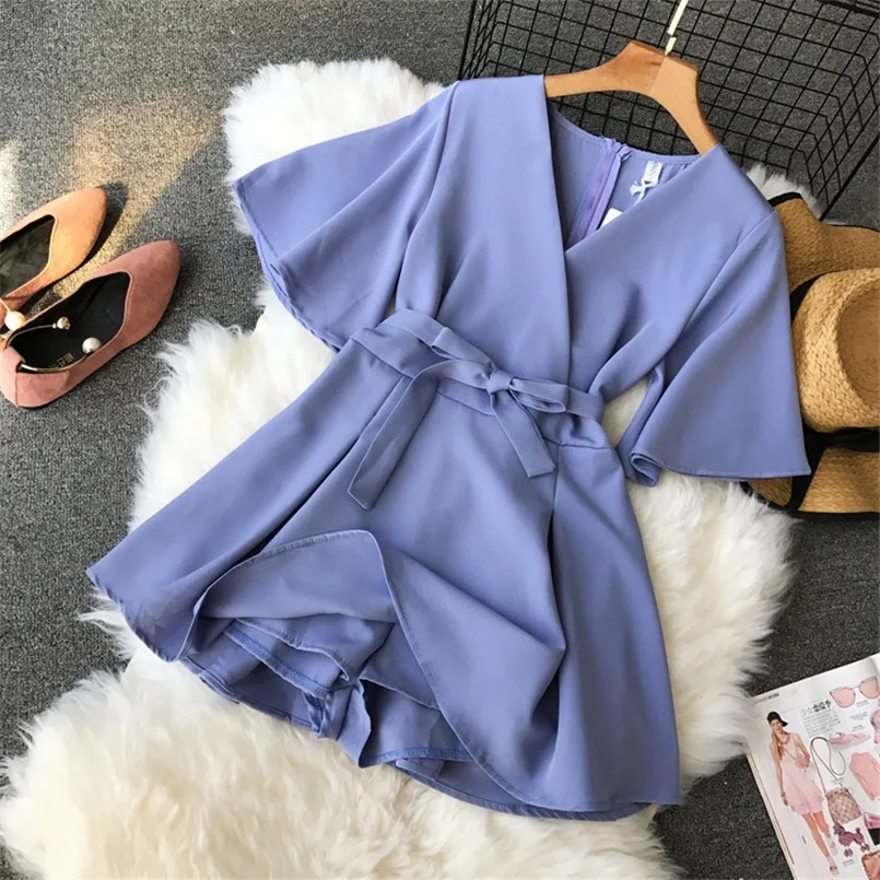 

Slim New Fashion Sexy V Neck Bandage Jumpsuit Casual Elegant Women Playsuit Summer Beach Overalls Holiday Basic Tie Romper