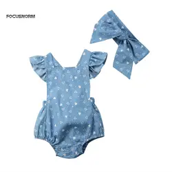 Для новорожденных одежда для малышей для девочек хлопковый комбинезон летящими рукавами комбинезон + повязки; Одежда 0-24 м