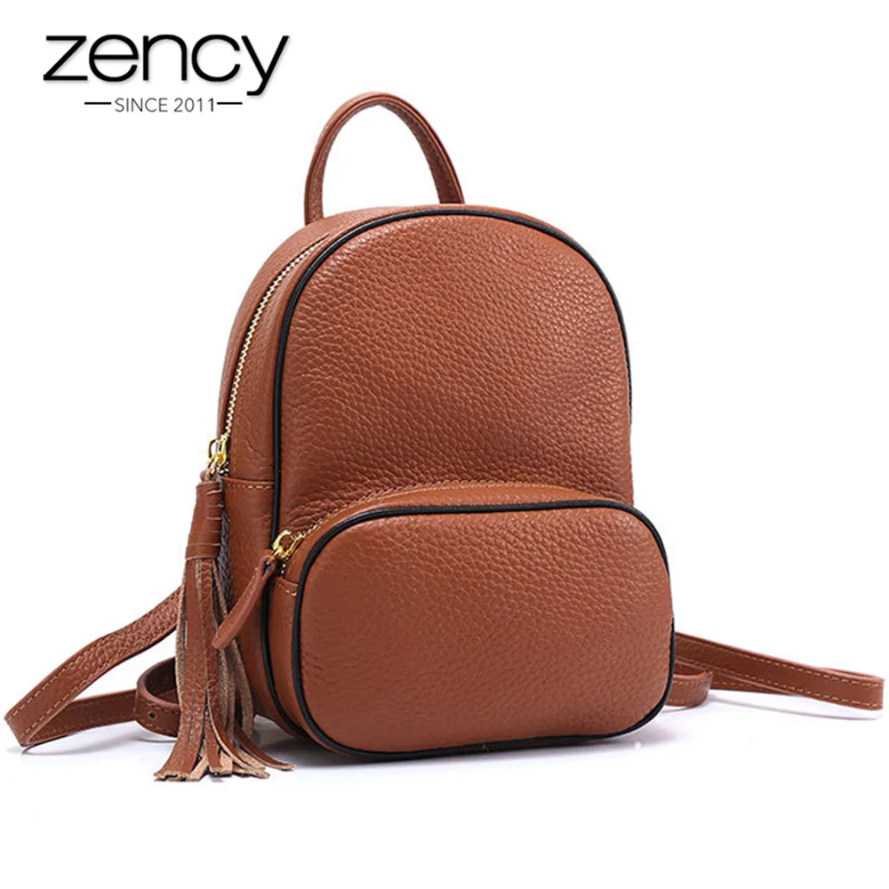 Zency أزياء البني النساء على ظهره 100% جلد طبيعي سفر صغيرة حقيبة سيدة اليومية عارضة الحقيبة مع شرابة فتاة المدرسية