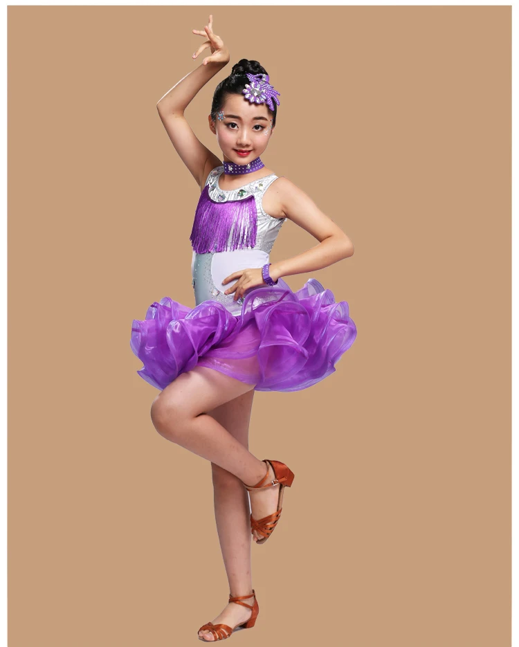 Детское профессиональное платье для латиноамериканских танцев, распродажа, платья для бальных танцев для девочек, детские костюмы для Румба ча-ча - Цвет: Фиолетовый