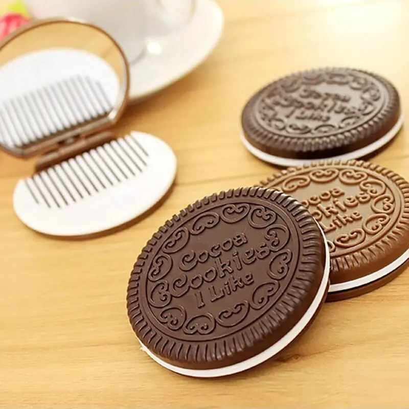 

New 1pc Cute Chocolate Cookie Shaped Fashion Design Makeup Mirror with 1 Comb Set Women Ladies MakeUp Accessories