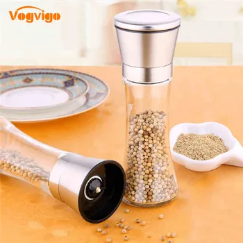 

VOGVIGO 2 Pcs Stainless Steel Glass Pepper Mill Fasion Slim Fit Spice Salt Pepper Grinder Kitchen Accessories Cooking Tools