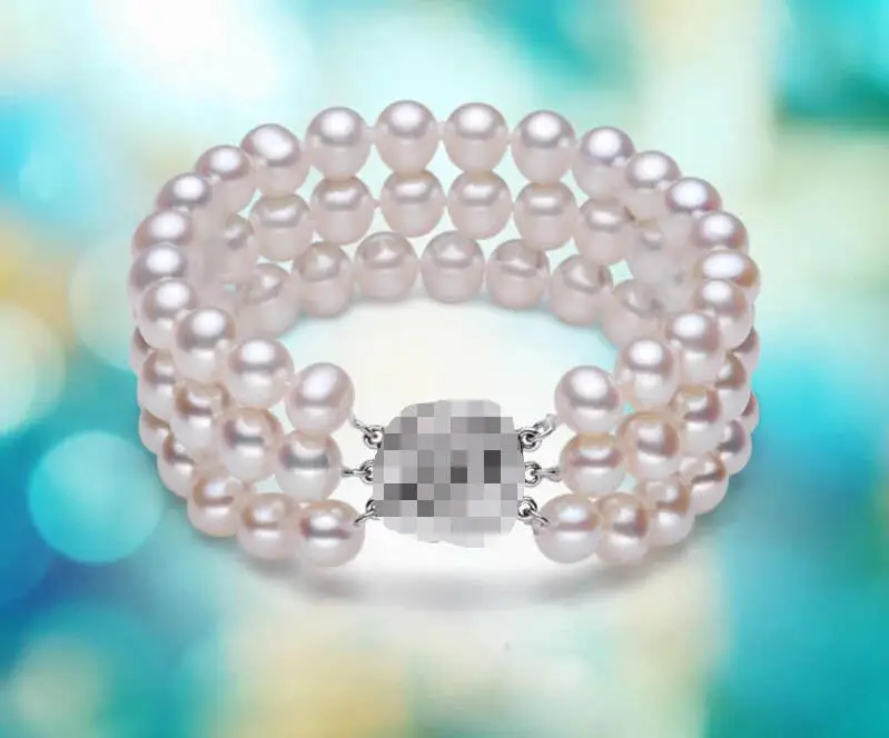 

Free shipping hot sale Women Bridal Wedding Jewelry >>3 rows AAA 6mm white akoya round pearl bracelets silver Rose clasp 7.5