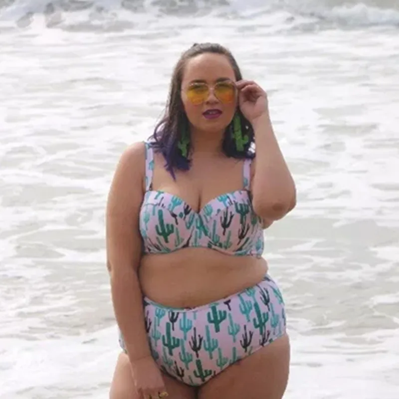 

AZULINA Bikini 2019 Plus Size Women Swimwear Underwire Cacti Print Bikini High Waisted Spaghetti Strap Padded Backless Swimwear