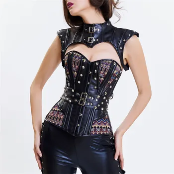 

Black Faux Leather Armor Corsets And Bustiers Vintage Steampunk Clothing Women Sexy Corset Burlesque Costumes With Gothic Jacket