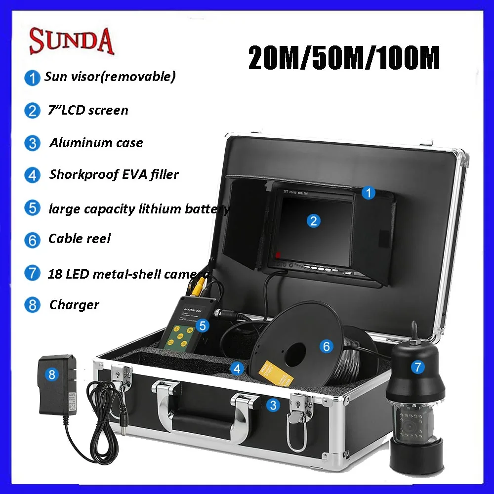 

China factory underwater camera CCTV fish finder camera 18pccs led lights 360 rotation camera 7inch LCD monitor lithium battery