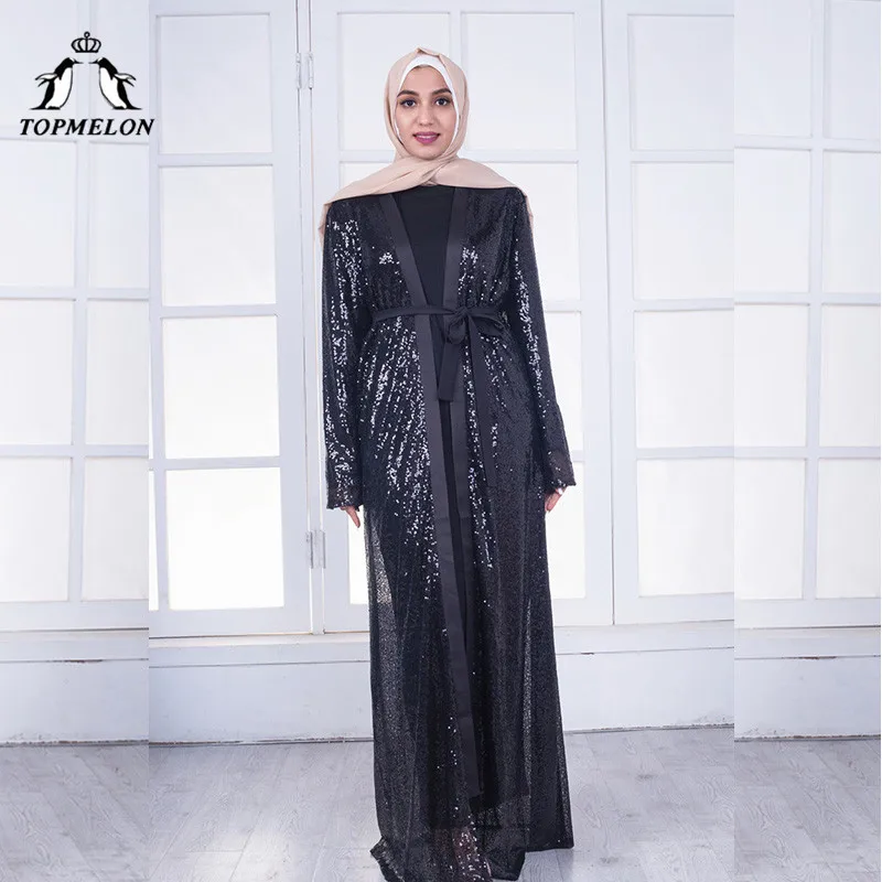 

TOPMELON Shiny Abaya Women's Maxi Muslim Dress Black Luxury Open Robes Fashion Islamic Style Clothing