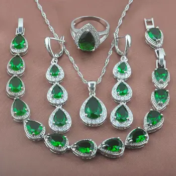 

Silver Plated Women's Wedding Jewelry Sets Water Drop Design Green Zirconia Bracelet Necklace Pendant Earrings Ring YZ0181