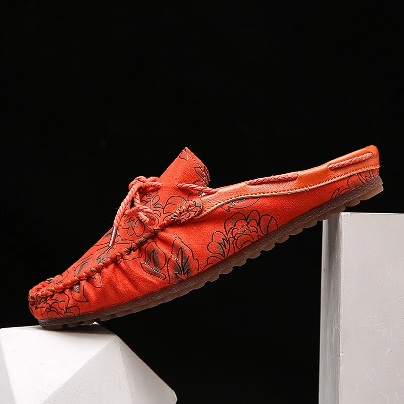 

2019 Hot Designer Sneakers For Men Brown Red Mens Fashion Shoes Half Drag Male Flats Boat Shoes Handmade Slip On Summer Shoes