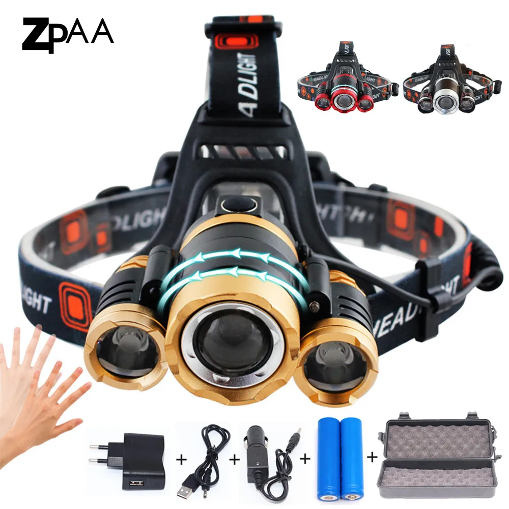 Beste ZPAA LED Koplamp Zoomable 15000Lm T6 Hoofd Zaklamp Zaklamp Sensor Oplaadbare Head Light Voorhoofd Lamp Hoofd Vissen Koplamp