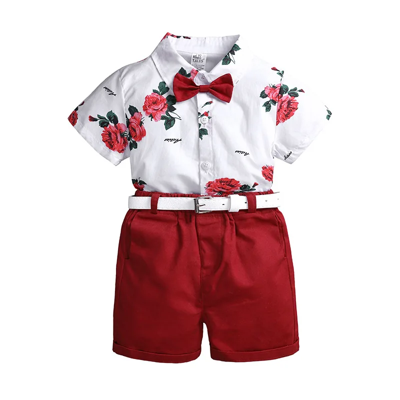 Брендовый летний комплект спортивной одежды для маленьких мальчиков, Детская школьная рубашка с цветочным принтом+ шорты, комплект одежды для мальчиков