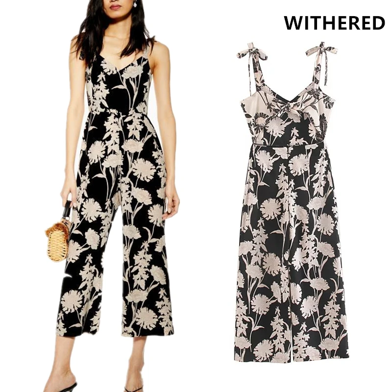 

Withered england style floral printing spaghetti strapless ankle jumpsuit women combinaison femme combinaison femme plus size
