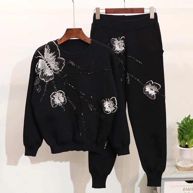 Papillon Pantalon Deux Tricoté Chandail Costumes Set Ensemble Hiver Broderie 2018 Pièces Femmes 2 PqAXn1WT