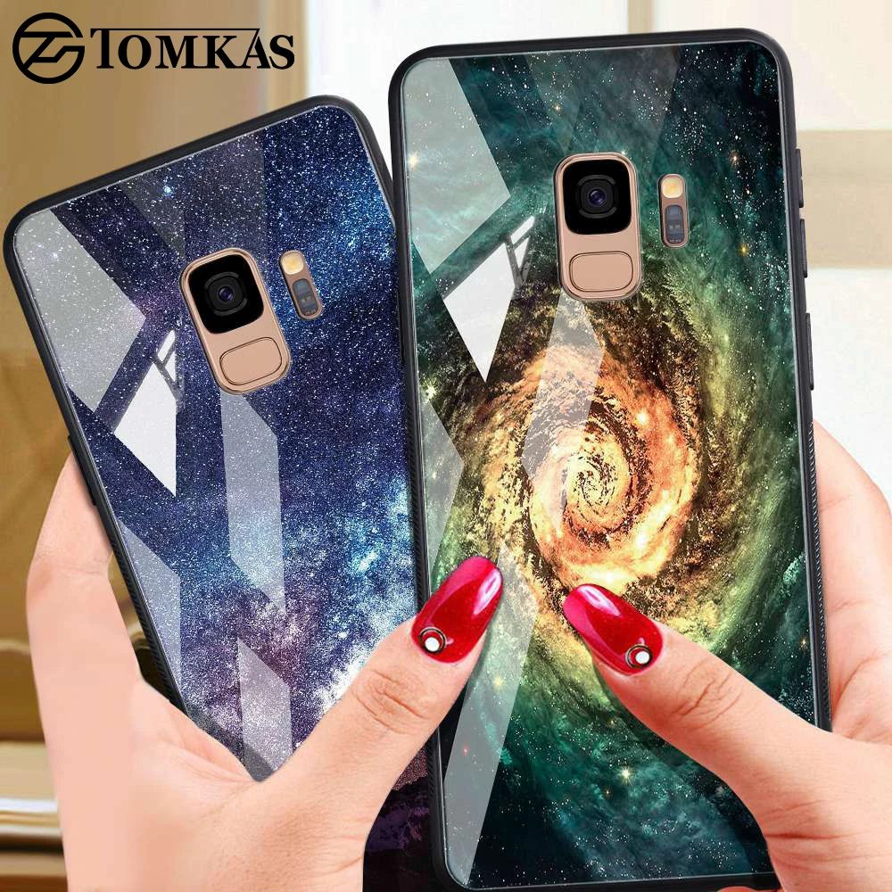 

TOMKAS Tempered Glass Case For Samsung Galaxy S9 Plus Note 8 9 Silicon Cover Galaxy S9 Plus Note9 Note8 S9 Phone Case Star Space