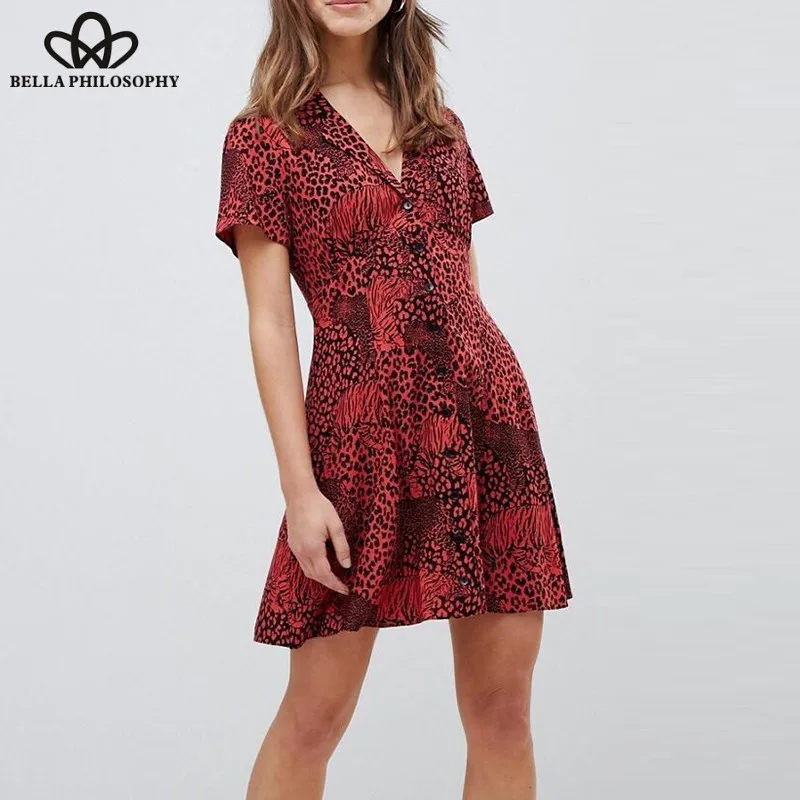 Wonder Spring Short Sleeve Mini Dress Vintage Female Sexy V-Neck Leopard A-Line Dress Casual Animal Print Lady Dress 2019