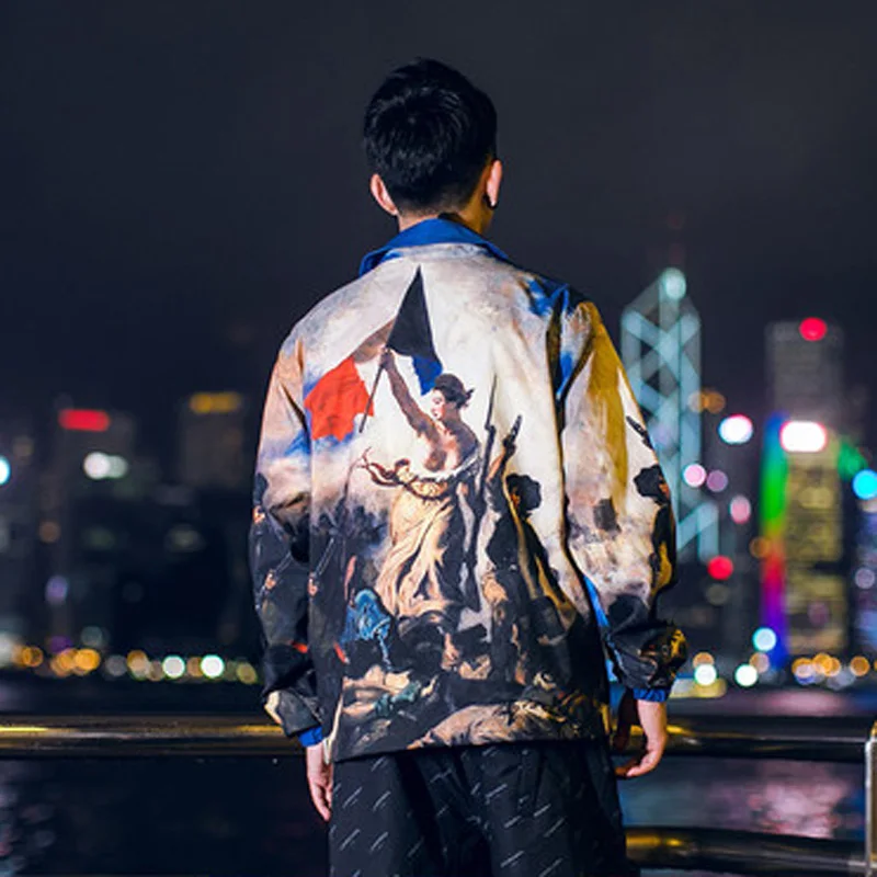 

HFNF Oil Painting Thin Jacket Retro Coat Mens/Males Jacket Long Sleeve Wear for Couple Lovers Thin Fashion Coat