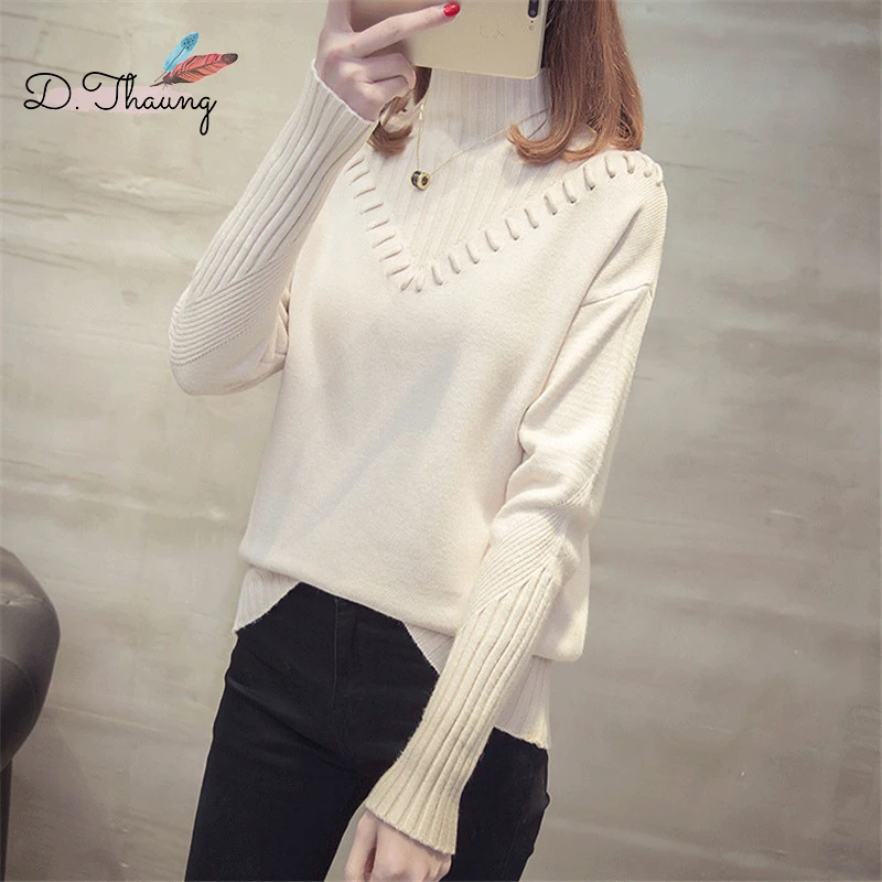 Autumn Winter Women Sweater 2018 New Half-High Collar Pullover Female V Loose Thick Knit Ladies Top Cw002 | Женская одежда