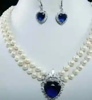 

7-8mm White Pearl Blue Crystal Pendant Necklace+Earring AAA+111