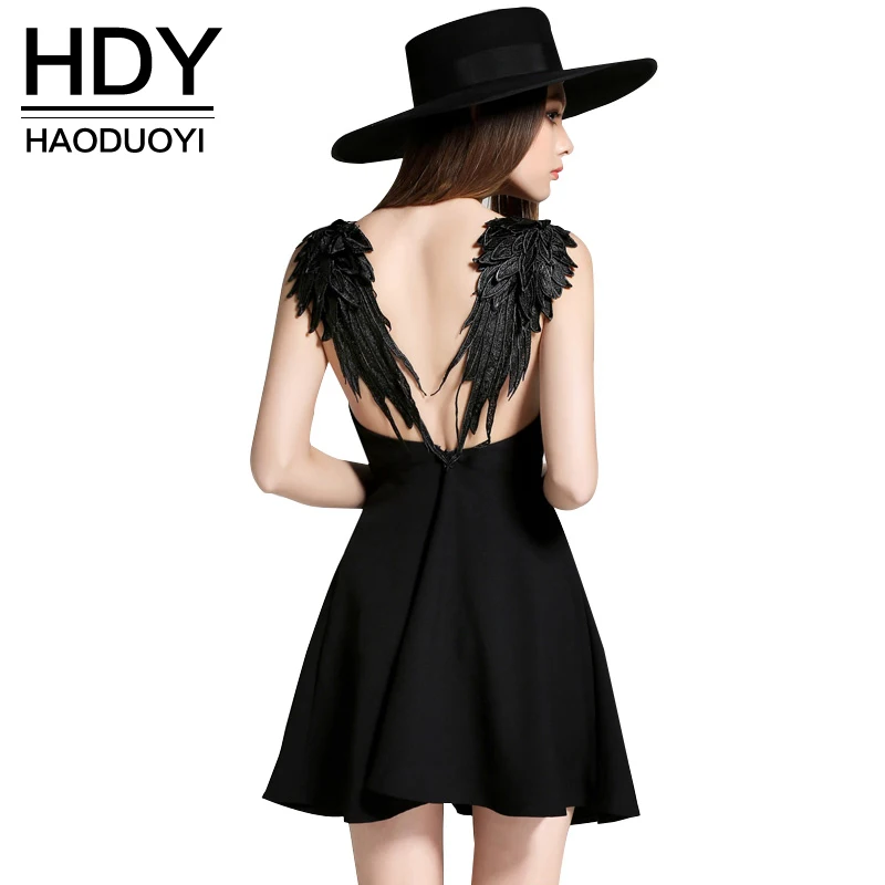 HDY Haoduoyi Women Dress Sexy Braces Dress Casual Party Dress Lace Angle Wings Beach Dress Solid