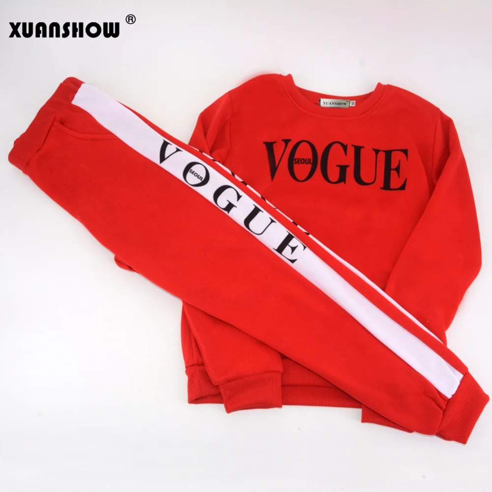 XUANSHOW Осень зима 2 предмета женщины VOGUE Буквы напечатанный Толстовка+ брючный костюм Спортивные остюмы Длинный рукав Спортивная одежда Снаряжение