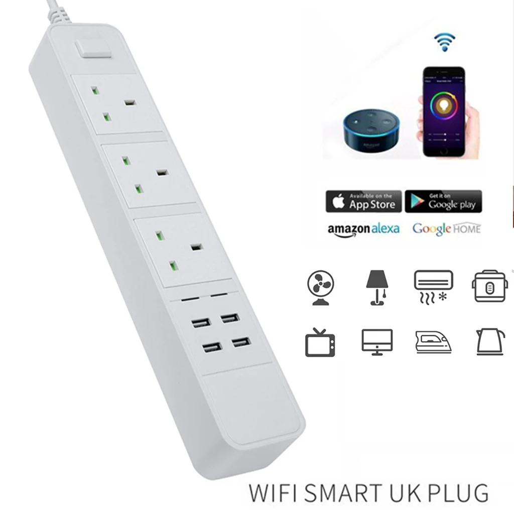 

WiFi Smart Home Electronic Power Strip Socket 3 AC Outlets Fast Charging 4 USB with Alexa Google Home Remote Control EU UK Plug