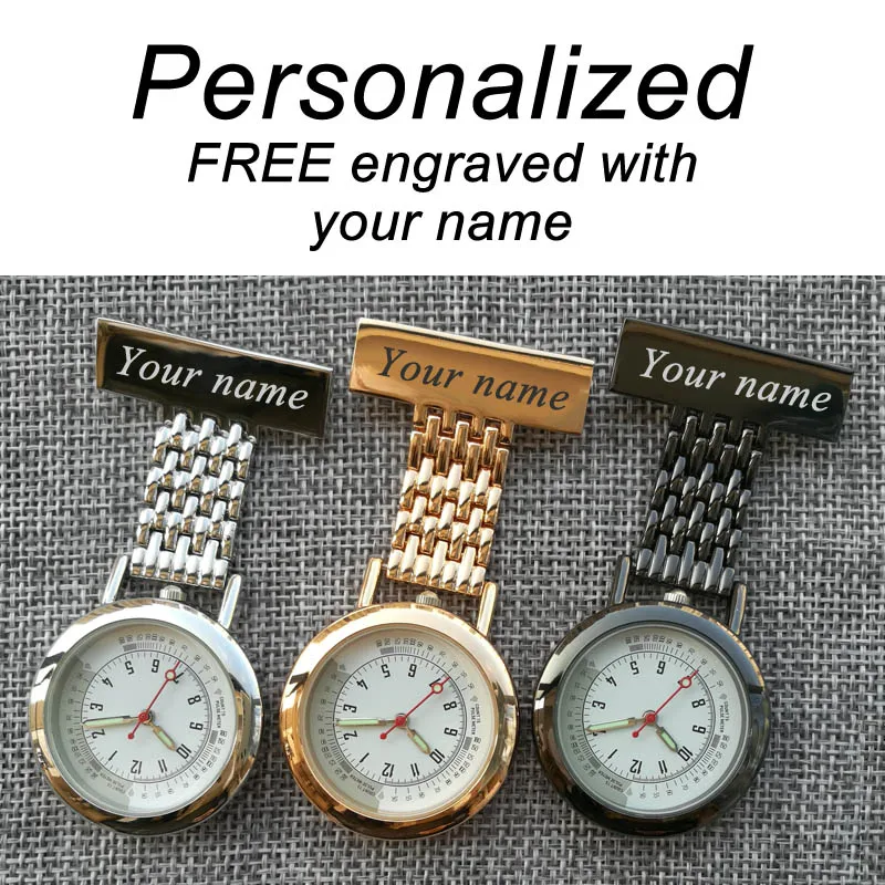 

Personalized Your Name FREE Engraved Pin Brooch BIG Count Pluse Meter Dial Luminous Hands Top Quality Stainless Fob Nurse Watch