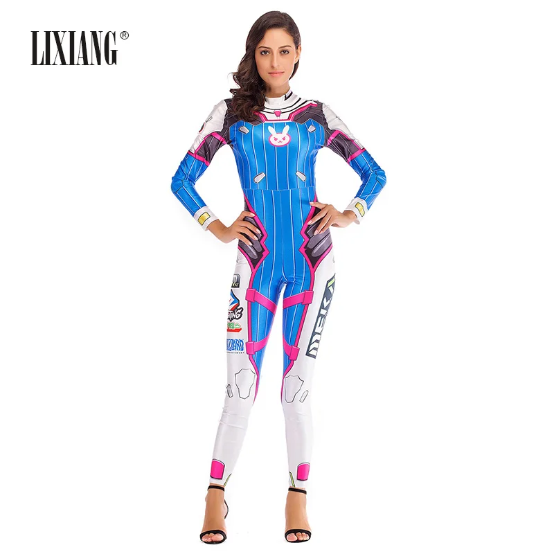 

LIXIANG Printed O Neck Elegant Tight Bodysuits Slim Pushup Waisttight Fitness Sexy Playsuits Blue Romper Jumpsuits