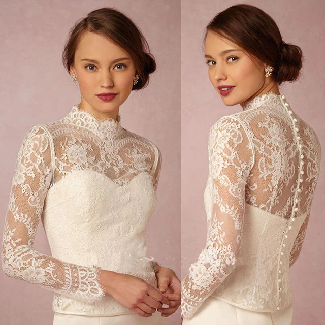 New Women's High Neck Long Sleeve Buttons Back Lace Appliques Wedding  Bridal Bolero Jacket Shawl White Ivory Custom Made Jackets - AliExpress