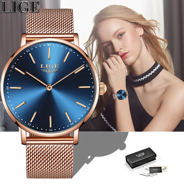 

LIGE Women Watches 2018 Fashion Ladies Wristwatch Casual Grid Steel strap Ultra thin Quartz Watch Waterproof Relogio Feminino