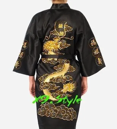 Бесплатная доставка Черный китайский традиционный Для мужчин шелковый атлас халат Вышивка кимоно Ванна платье Дракон размеры s m l xl XXL, XXXL