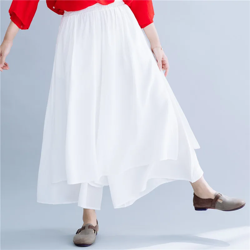 

#0658 White Wide Leg Pants Women Double Layer Big Size Chiffon Beach Trousers Ladies Loose Asymmetrical Pantalon Femme Summer