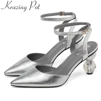 

Krazing Pot queen party crystal high heels women sandals pointed toe buckle strap office lady large size cow leather shoes L58