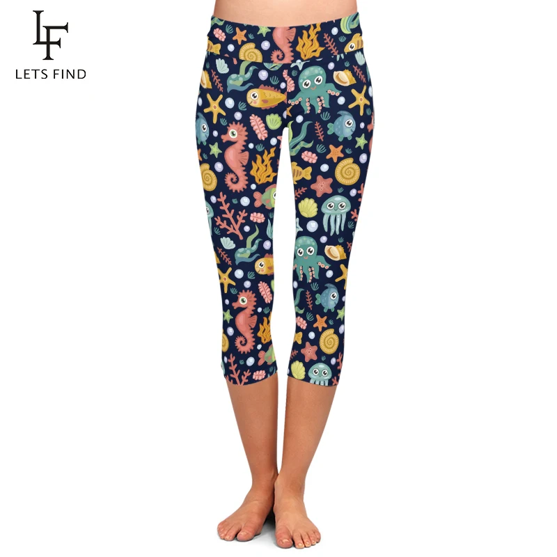 Women Capri Leggings 3d Hippocampus and Seaweed Print High Waist Mid-Calf Elastic Pant Casual Black Leggings for Summer