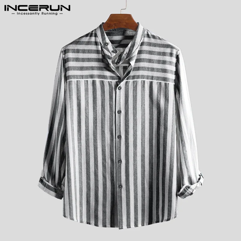 INCERUN 2019 Осенняя мужская рубашка в полоску с пуговицами и стоячим воротником, Повседневная рубашка в деловом стиле, свободные дышащие