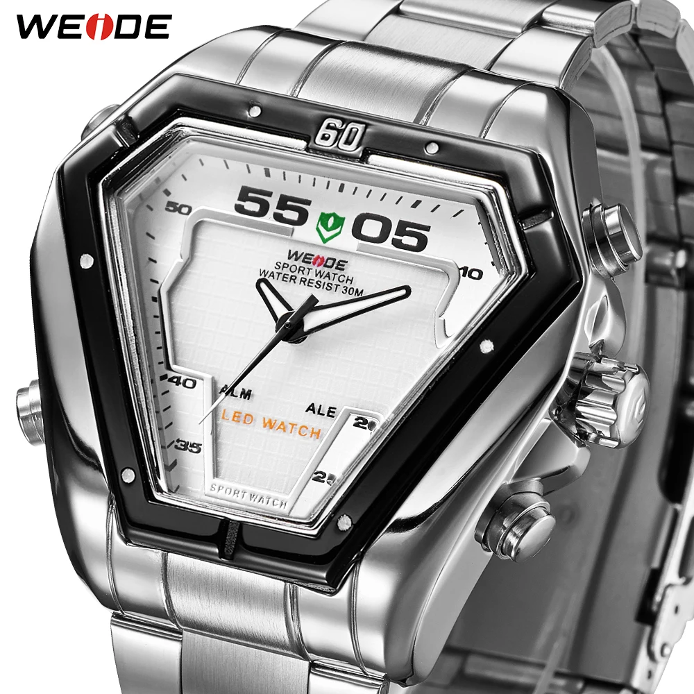  WEIDE Mens Fashion Luxury Quartz Stainless Steel Strap Analog Digital Date Calendar Waterproof Mili