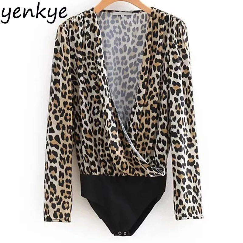 Cena Europejski Styl Sexy Leopard Body Koszula Kobiety Głębokie V Neck Z Długim Rękawem Casual Playsuit Topy OZZ8831