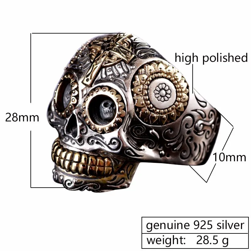 ZABRA, Роскошное однотонное 925 пробы Серебряное кольцо с черепом для мужчин, Ретро стиль, панк рок, крест, золото, большой тяжелый человек, готическое кольцо, Bague Homme, байкер