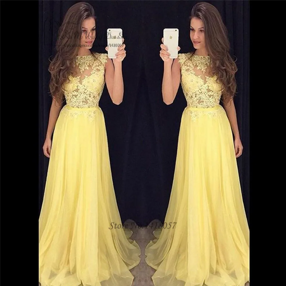 

Abendkleider 2017 Yellow Lace Prom Dresses Long Cheap Chiffon Formal Evening Gowns Pageant Dress for Graduation Galajurken Baile