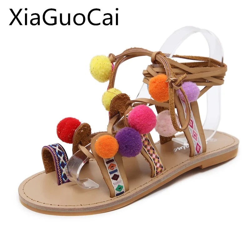 

Woman's Sandals Summer Female Cross Strap Tassel Decoration Sandals Flat with Ethnic Hairball Bohemian Beach Shoes