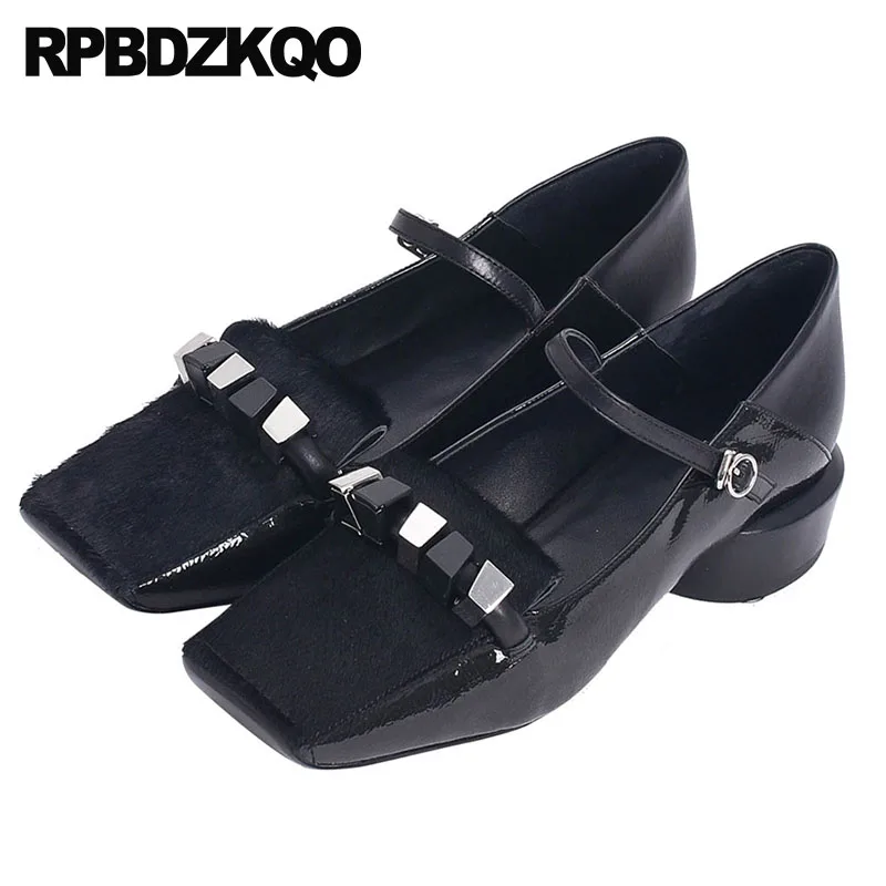 Bajo Tacón Cuero Negro Pie 4 34 Correa Cuadrado Famoso Zapatos Grueso Jane De Del Mary Señoras Las Mano Genuino Tamaño Dedo Hecho Tobillo Metal A 2018 wz8Cx