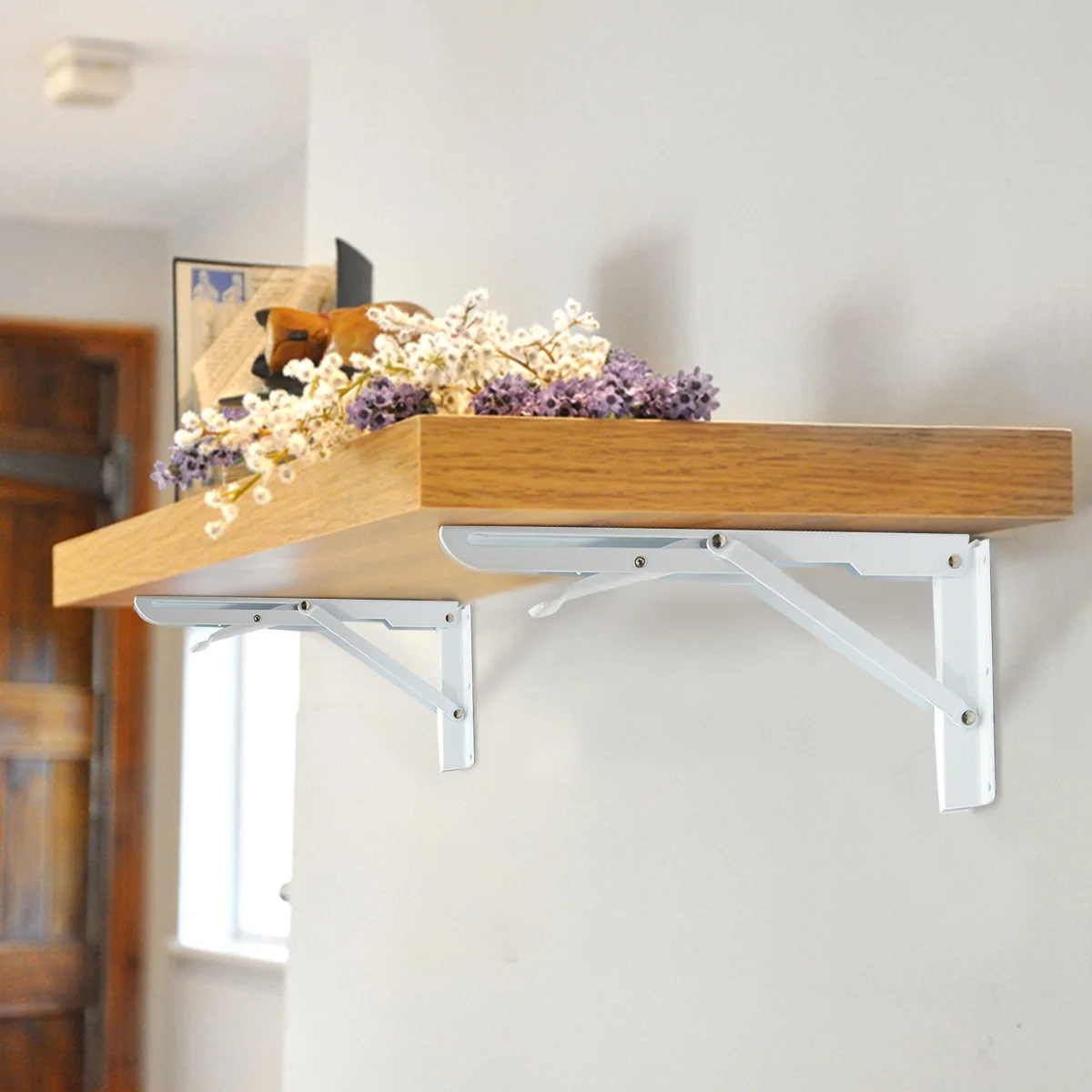 

2Pcs 29x2.3x14cm White Wall Mounted Metal Folding Triangle Angle Shelf Support Bracket Rack Cold Rolled Steel Max Load 60kg