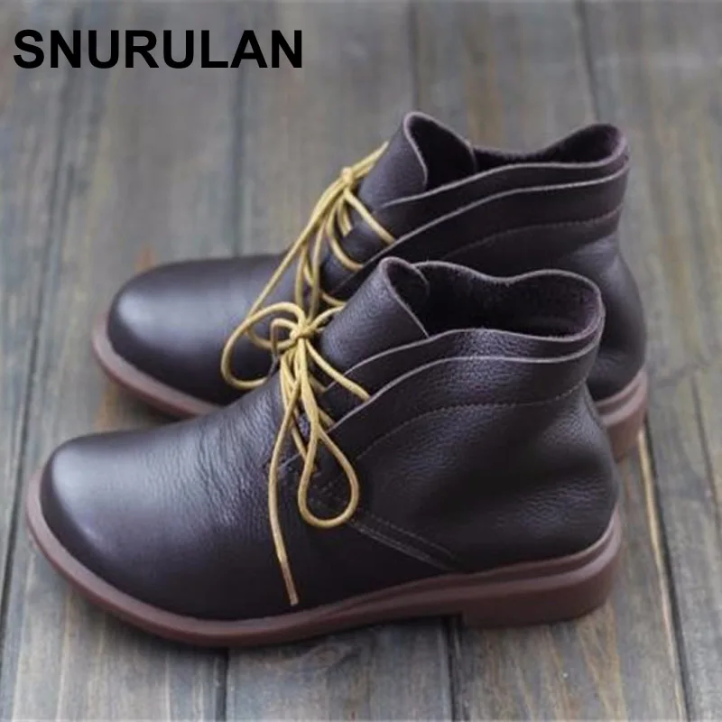 

SNURULAN Women Boots Genuine Leather Woman Ankle Boots Flat Round toe Lace up Ladies Shoes Female Sping/Autumn