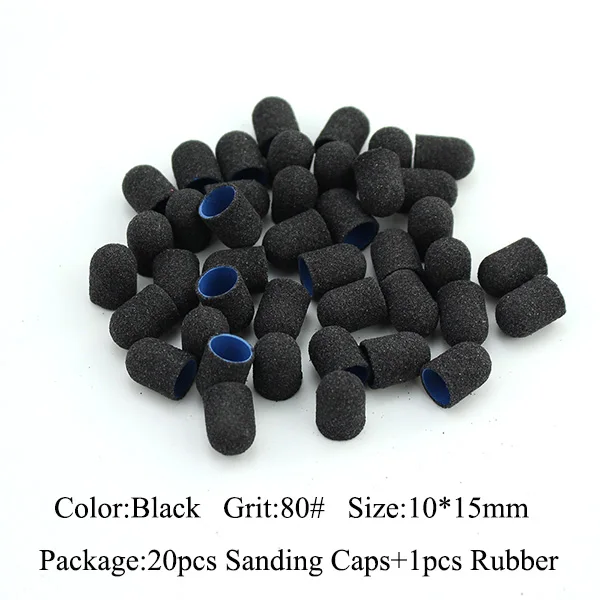 20шт 10*15 мм электрическое сверло для ногтей пластиковая основа шлифовальные колпачки резиновый захват фрезы для маникюра педикюра Дрель аксессуары - Цвет: Black-80 grit