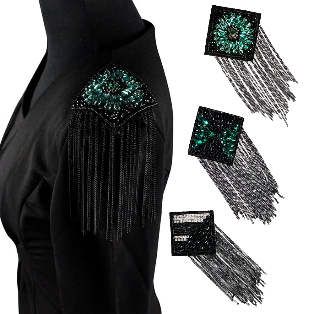 

2pc DIY Fashion Square Design Rhinestones Bead Badges Chain Tassels Fringe Applique Sew on Dress Bag Shoulder Patches TH1374