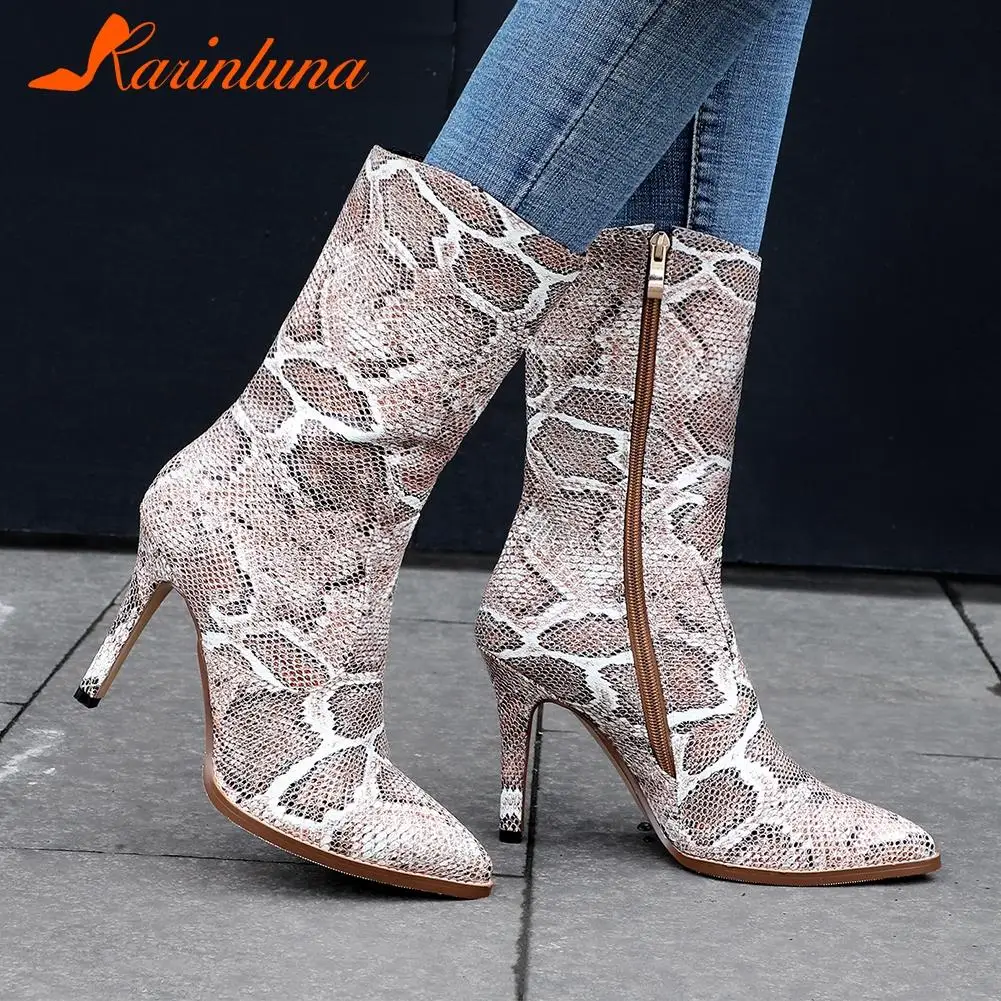 

KARINLUNA brand new Boots Woman Fashion Snake Veins Sexy Thin High Heels Zippers Pointed Toe Med Calf women's Boots Size 34-42