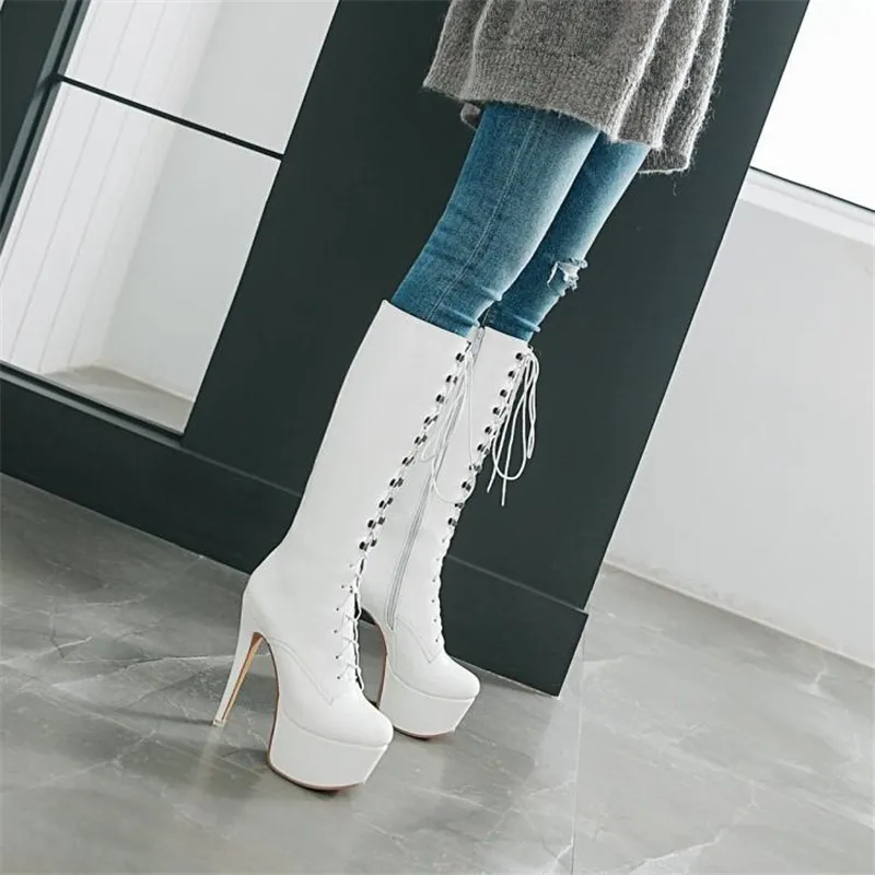 Sexy Patent Leather Thin Heels Women Knee High Boots Big Size Ladies Platform High Heels Pole Dancing Boots Women Mid-Calf Boots (12)